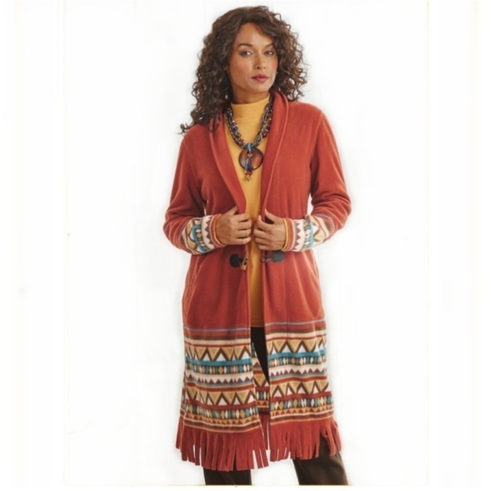 Koret Fringe Fleece Southwestern Toggle Button Longline Duster Jacket Size PS